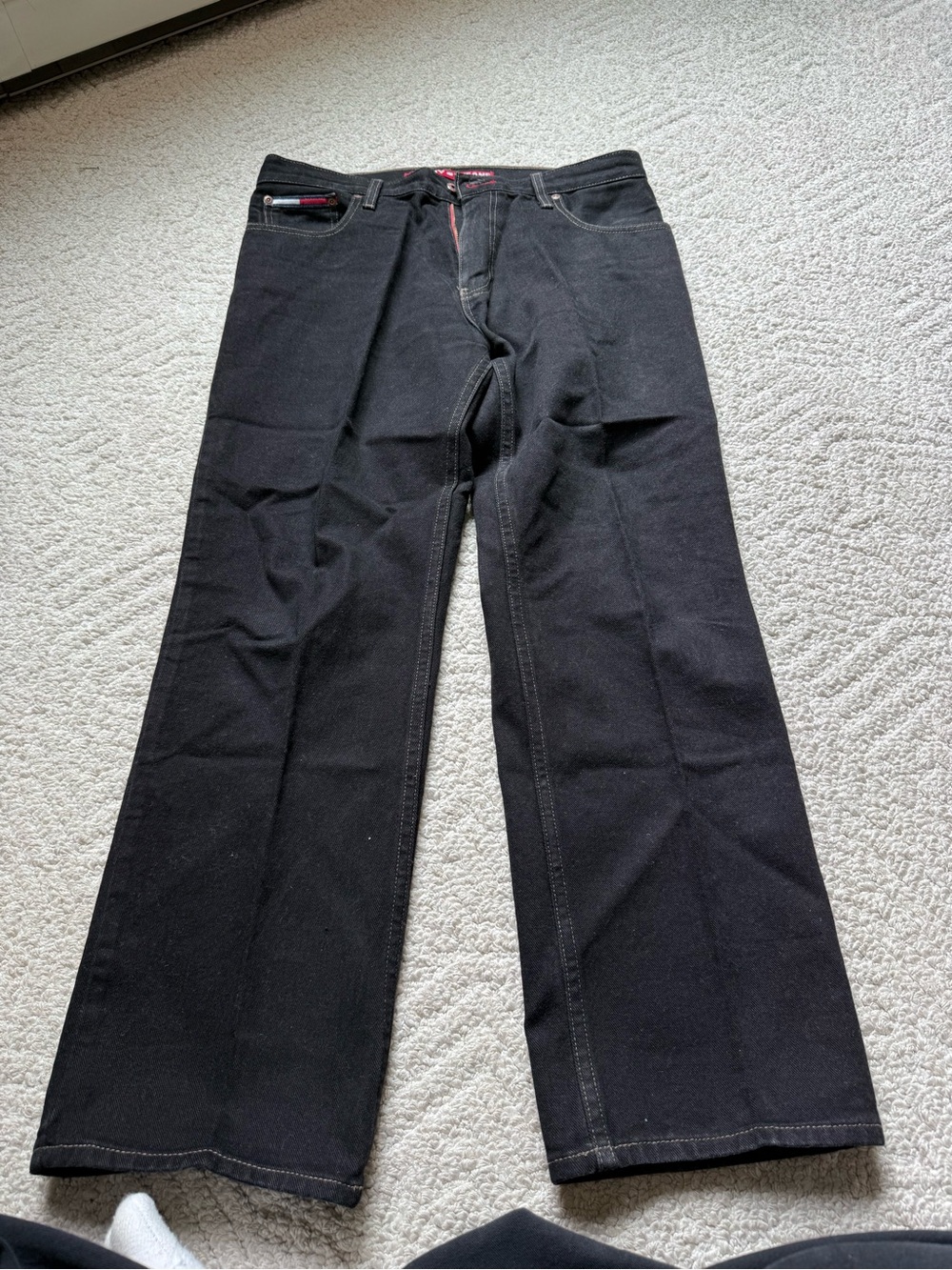 Tommy Hilfiger Men's Black Straight Jeans with Subtle Red Trim